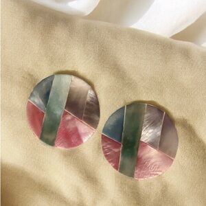 Vintage Pastel Pink Green Blue Mother of Pearl Mosaic Round Pierced Earrings